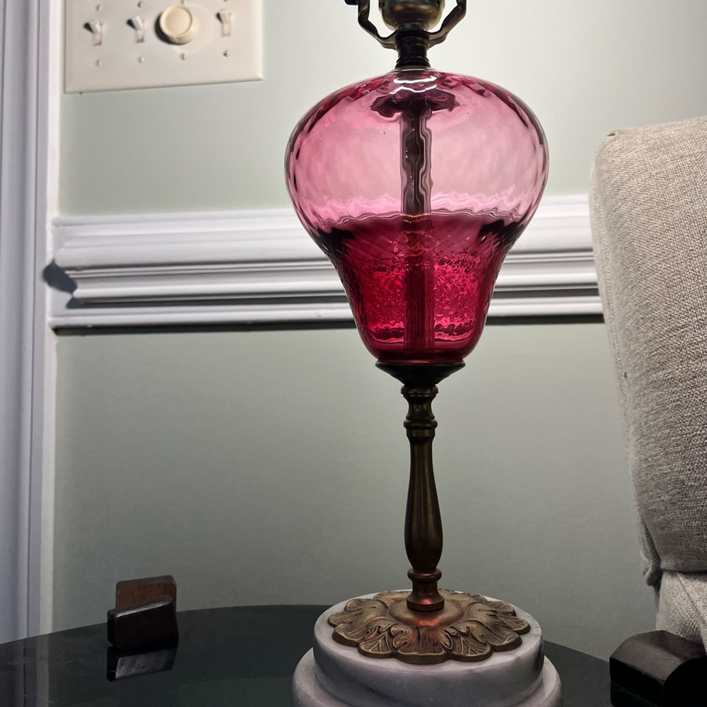 VTG Pairpoint Quilted Hand Blown Cranberry Crystal Table Lamp W Dbl Marble Base